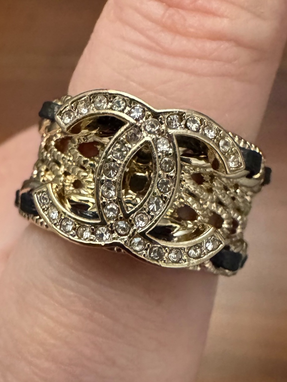Limited Edition Classic Chanel CC Crystal, Leather and Gold Ring Size 7